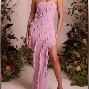 Oh Polly Bandeau Ruffle Detail Maxi Dress in Dusty Pink
